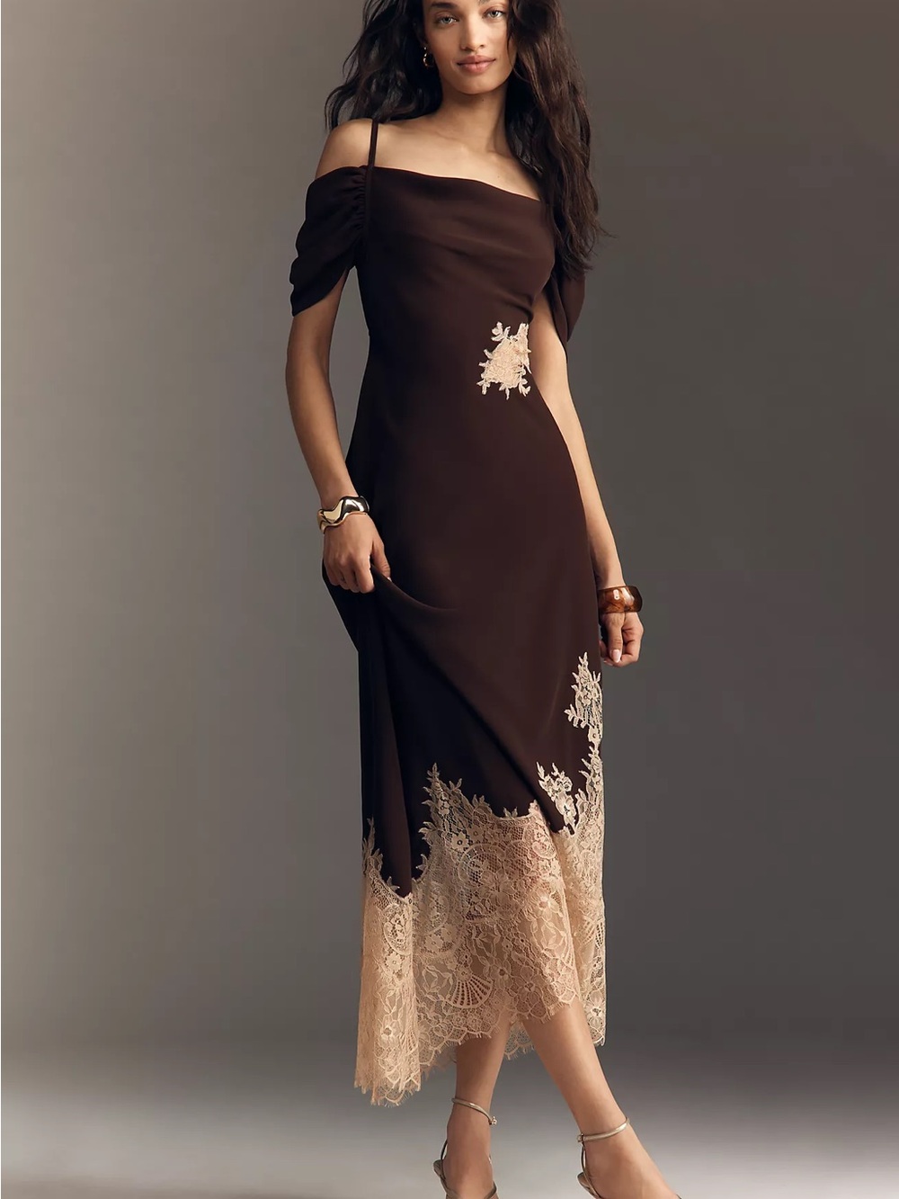 Bl-nk x Anthropologie Satin Off-Shoulder Lace Midi Dress Chocolate Color